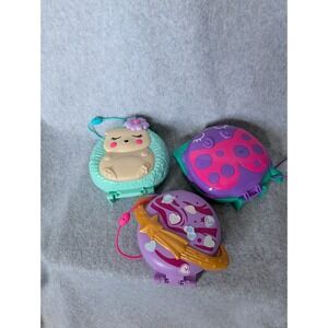 Polly Pocket Lot 3 Compact Houses Cafe Hedgehog Space Ladybug W/ Figures